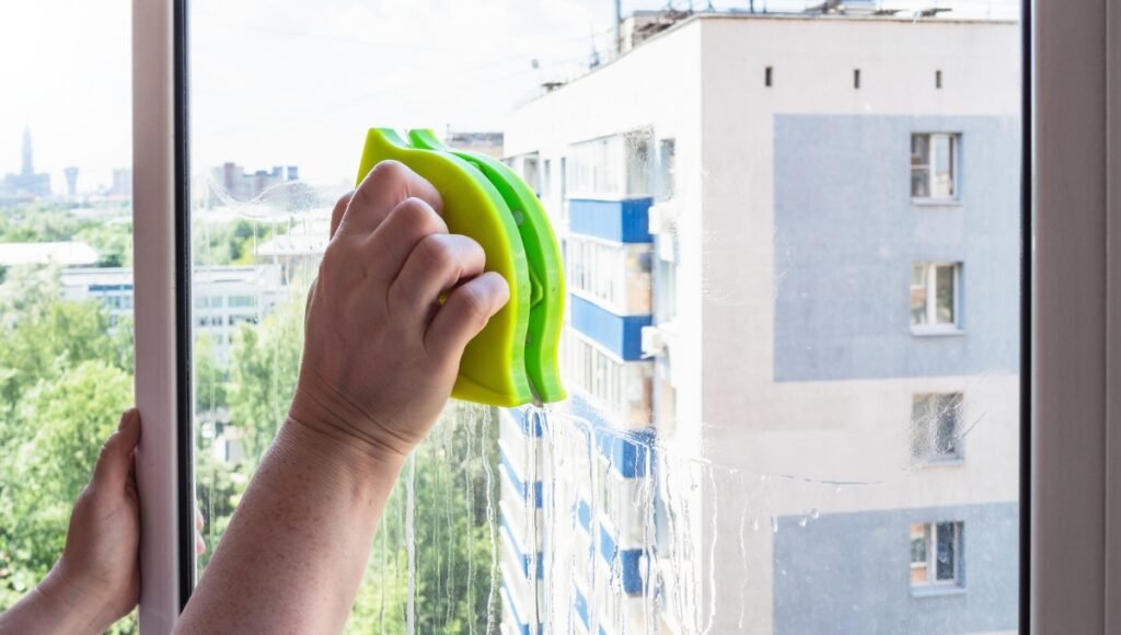 Person using magnetic window cleaners on a high-rise apartment window for streak-free glass cleaning