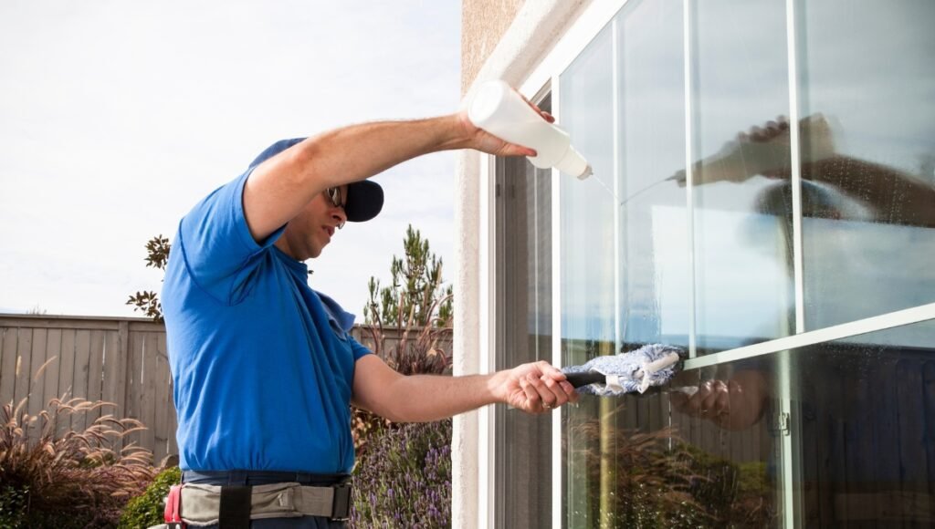 Window cleaning in Los Angeles CA expert in blue uniform meticulously cleaning exterior windows of a home with professional-grade tools, showcasing quality service with beautiful landscaping in background.