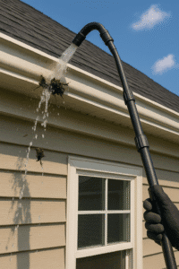 Gutter cleaning tools in action as a gloved hand uses a telescoping wand to flush debris from the gutter of a two-story home under a blue sky.