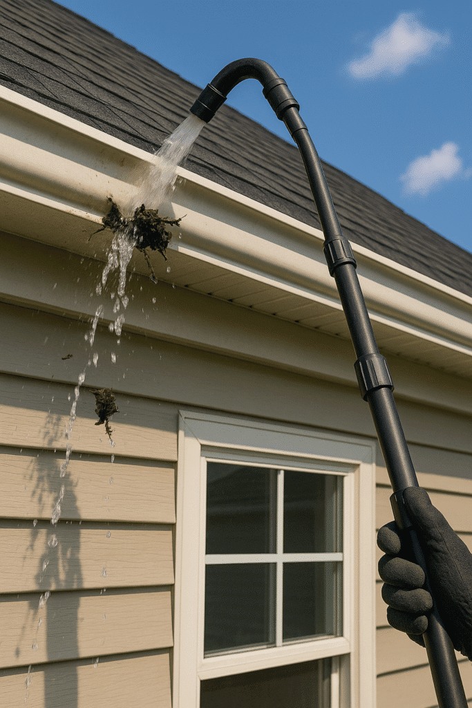 Gutter cleaning tools in action as a gloved hand uses a telescoping wand to flush debris from the gutter of a two-story home under a blue sky.