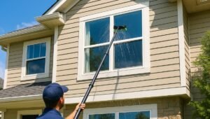 A professional window washer uses a water-fed pole to clean second-story windows of a bright, suburban home during a sunny day, showcasing expert window washing services.