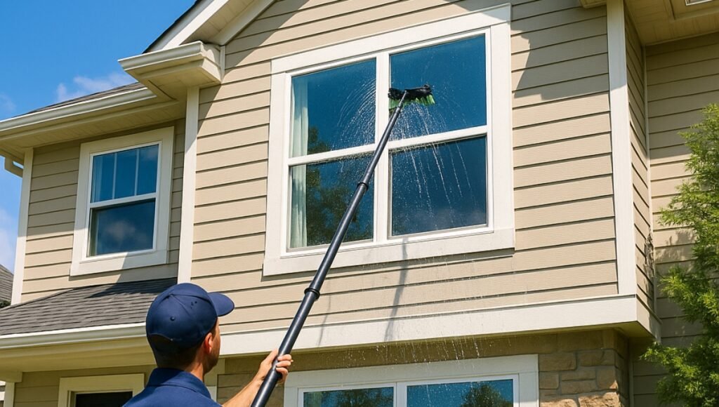 A professional window washer uses a water-fed pole to clean second-story windows of a bright, suburban home during a sunny day, showcasing expert window washing services.