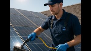 Technician in uniform using a brush and hose to clean solar panels on a rooftop, demonstrating professional solar panel cleaners at work.