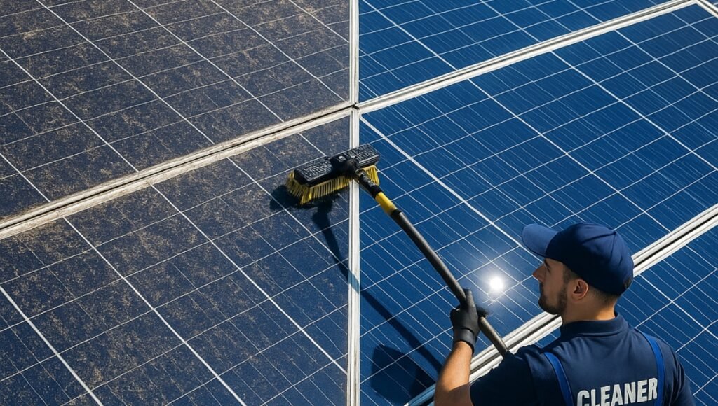Side-by-side view of solar panels showing the dramatic difference before and after cleaning, with a Solar Panel Cleaning Company technician using professional equipment on the clean side.