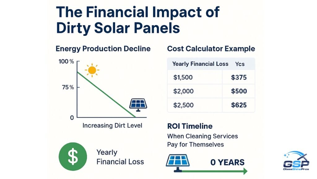 Infographic illustrating the financial impact of dirty solar panels, created by a Solar Panel Cleaning Company, with charts on energy loss, cost calculations, and ROI from cleaning services.