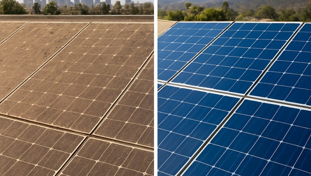 A side-by-side comparison of dirty and clean solar panels in Los Angeles, clearly highlighting performance differences — a powerful example for "solar panel cleaning near me" searches.