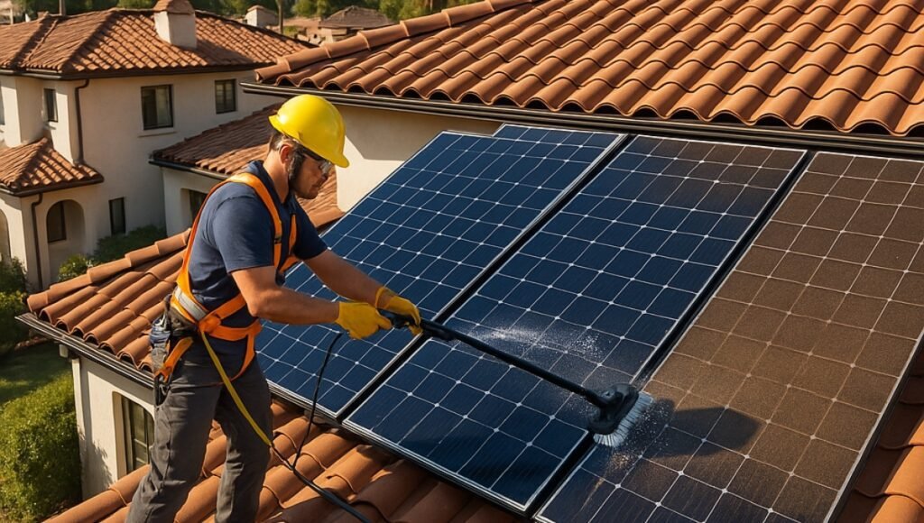 A professional solar panel technician performing cleaning on a residential rooftop in Southern California, showing clear before-and-after results — ideal for those searching "solar panel cleaning near me".